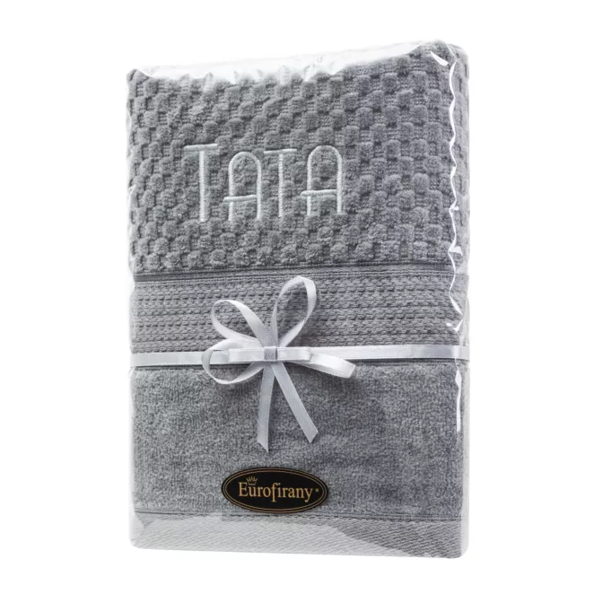 Zestaw upominkowy, ręcznik bawełniany 50x90 cm kolor stalowy z haftem TATA