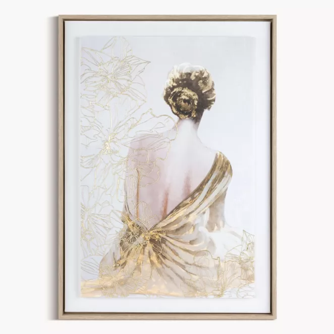 Obraz kremowo, złoty dekorayjny z artystycznym motywem postaci oprawiony w ramę 50x70 cm