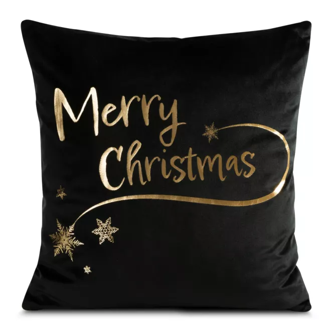 Poszewka na poduszkę 45x45 cm welwetowa, czarno złota świąteczna zdobiona złotym nadrukiem ASTRA
