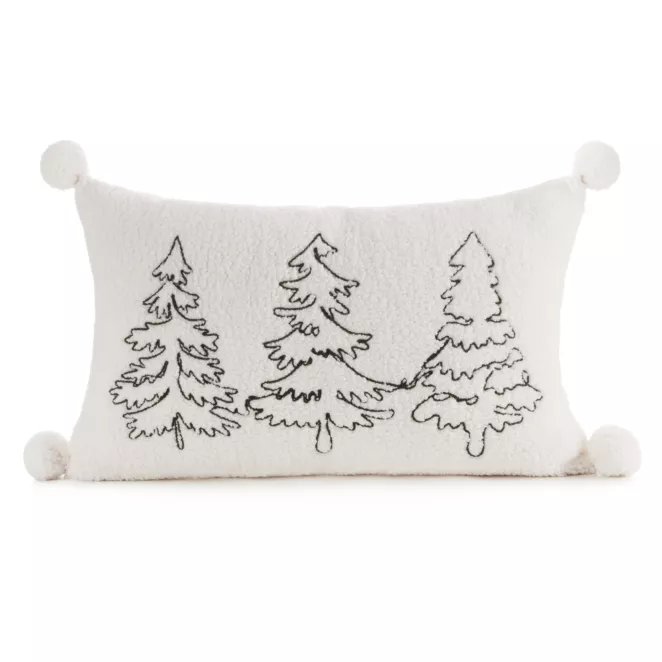 Poszewka na poduszkę świąteczna 30x50 cm biało, zielona z tkaniny typu bukla zdobiona haftem i pomponami