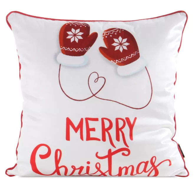 Poszewka na poduszkę 45x45 cm biało, czerwona zdobiona nadrukiem rękawic świątecznych z elegancką wypustką