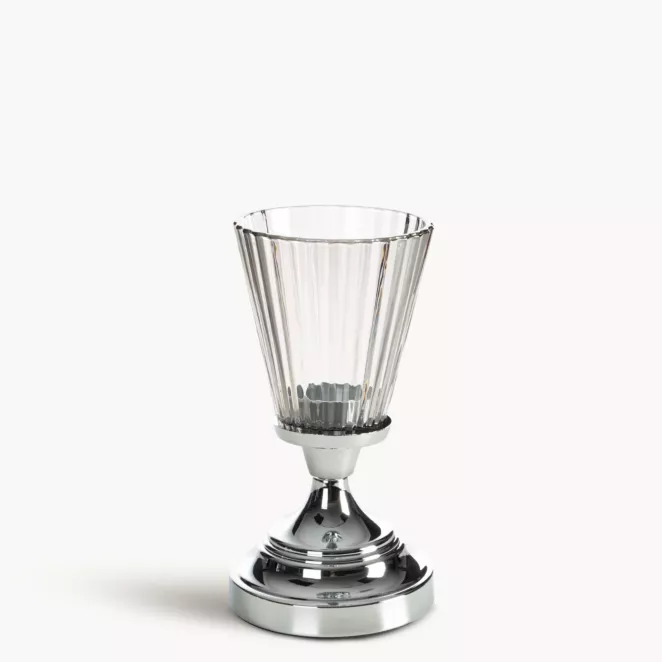 Świecznik dekoracyjny srebrno, grafitowy z szlanym złobionym kielichem rozmiar 12x21 cm ELIANI