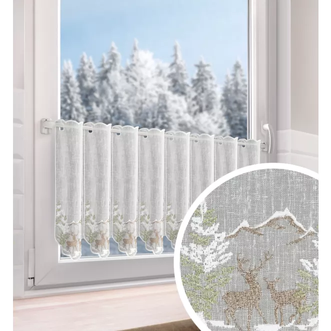 Tkanina firanowa zazdrostka zdobiona świątecznym zimowym haftem z Jelonkami