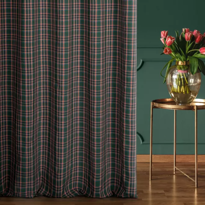 Zasłona szyta na taśmie 5 cm zielono granatowa z delikatnej tkaniny w kratkę