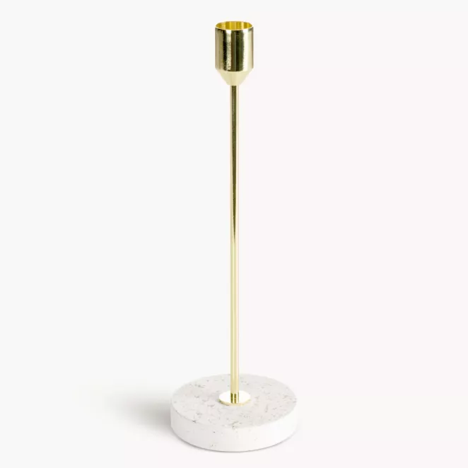 Świecznik dekoracyjny złoto, kremowy o smukłym uchwycie i kamiennej podstawie średnica 8x26 cm KORI