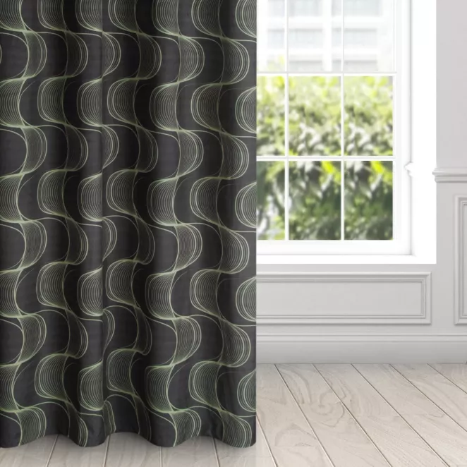 Zasłona czarno, zielona z wzorem pionowych fal, z welwetu 140x250 cm przelotka - POLA