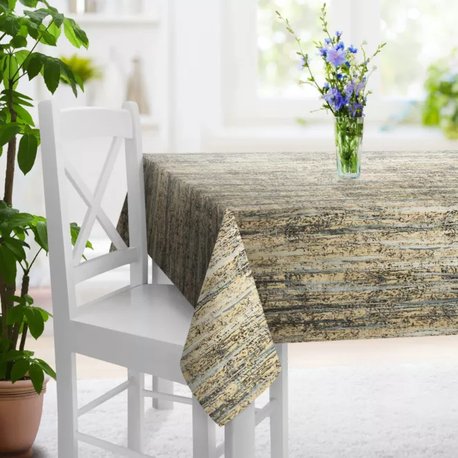 Obrus szyty złoto niebieski z tkaniny welwetowej w pionowe pasy, zdobiona warstwą złotawego nadruku