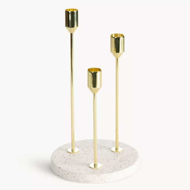 Świecznik dekoracyjny złoto, kremowy o smukłych nóżkach i kamiennej podstawie średnica 15x26 cm KORI