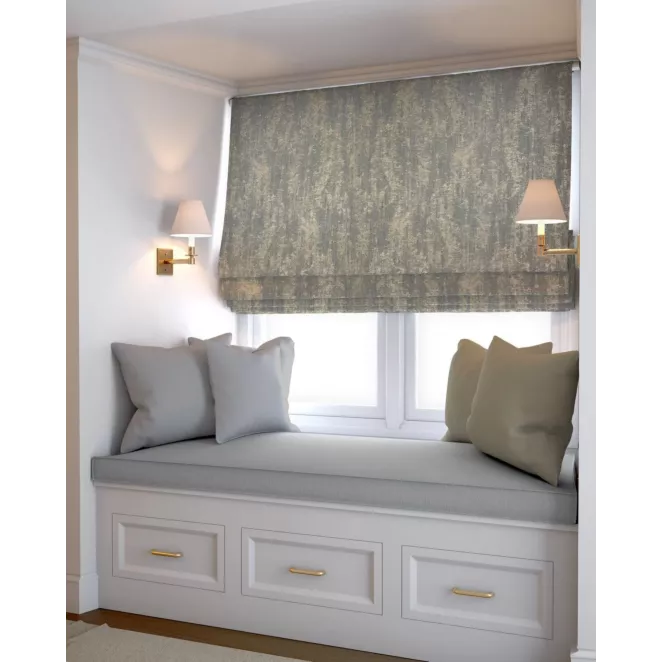 Roleta rzymska popielato złota z eleganckiej tkaniny o prostym splocie z połyskującym dodatkiem