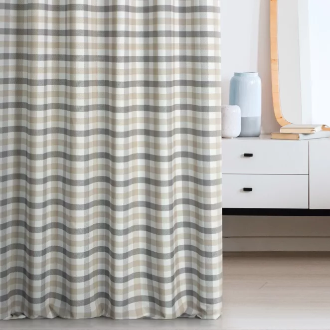Zasłona szyta na taśmie 5 cm beżowo grafitowa z tkaniny o naturalnym splocie z nadrukowanym wzorem w kratę