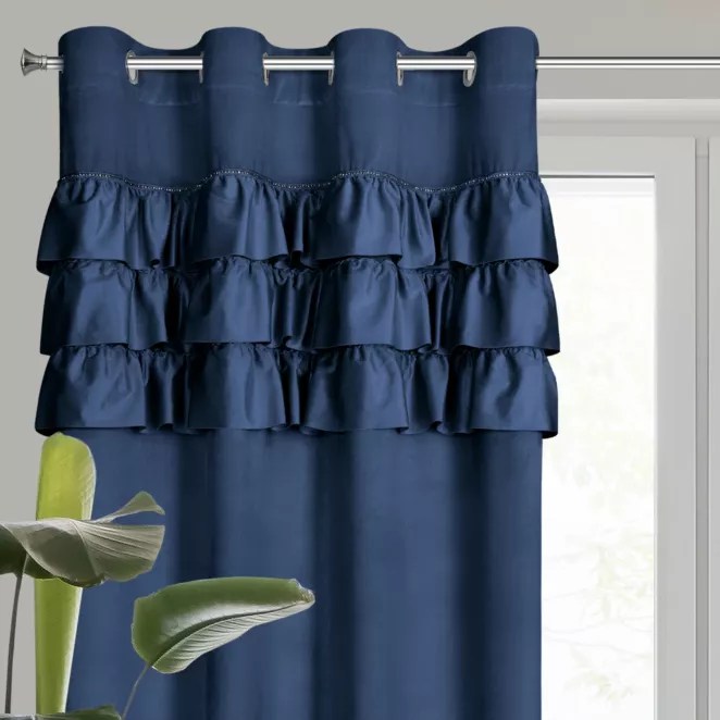 Zasłona welwetowa granatowa zdobiona falbanami 140x250 cm przelotka - SAMI