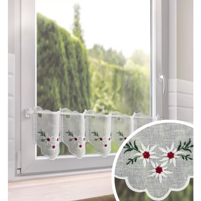 Tkanina firanowa zazdrostka zdobiona haftem w drobne kwiaty