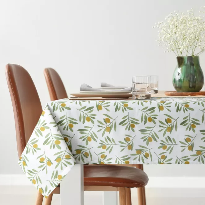 Bieżnik na stół plamoodporny 40x180 cm biało, zielony z motywem oliwek - ERIN