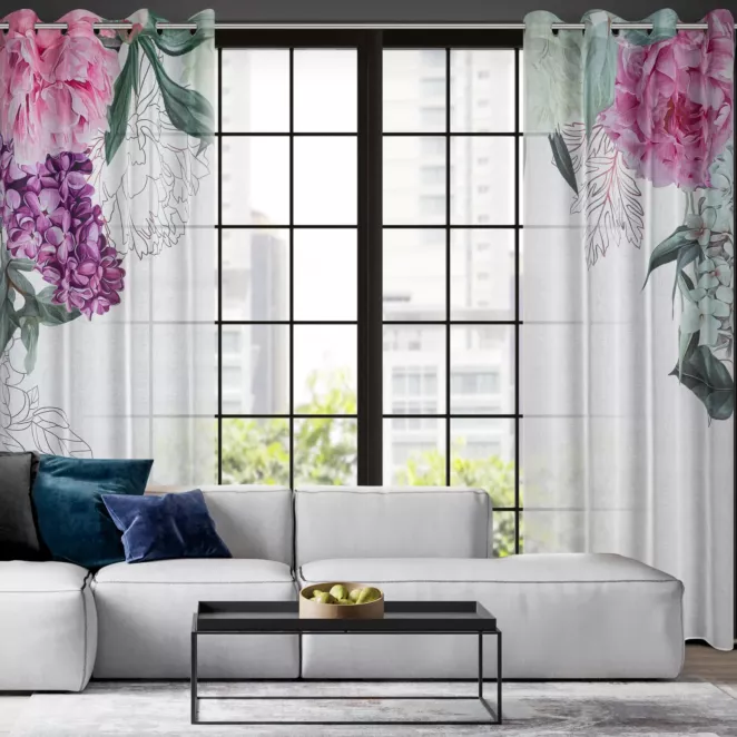 Komplet zasłon 2 szt biało, różowe z lekkiej etaminy z motywem letnich kwiatów 140x260 cm przelotka ISA