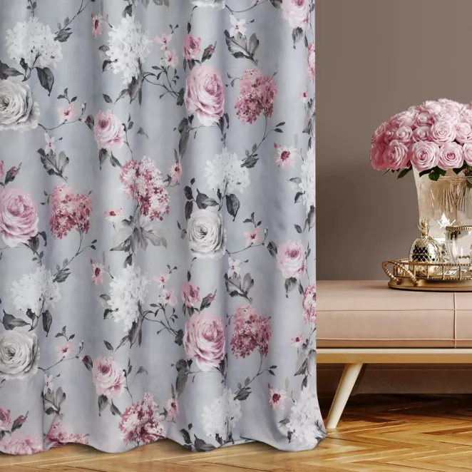 Zasłona szyta na taśmie 5 cm szara tkanina z bawełną drukowana w kwiatowy wzór