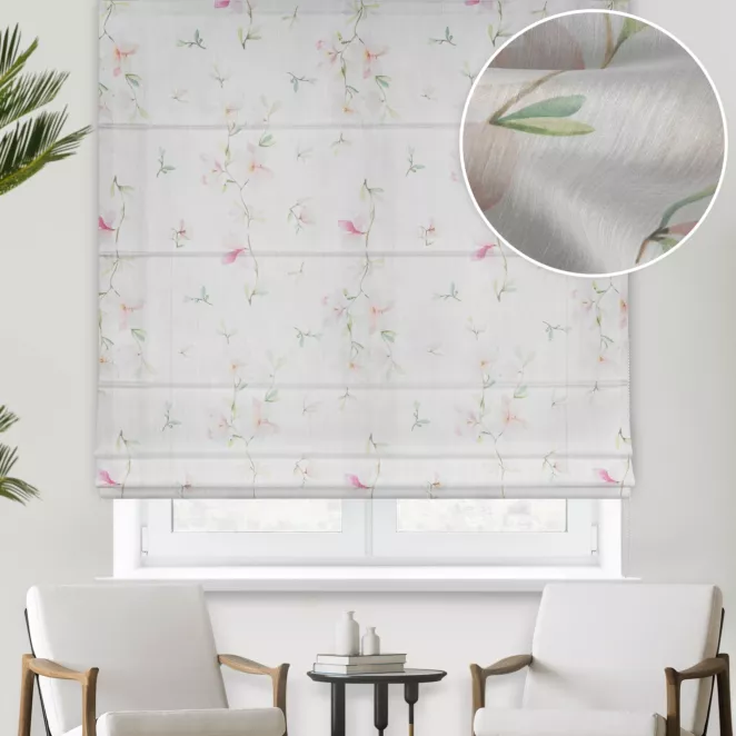 Roleta rzymska biało jasnopomarańczowa z miękkiej tkaniny batystowej z nadrukiem w magnolie