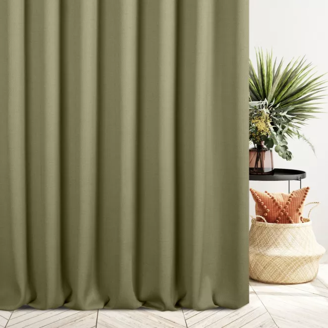 Zasłona szyta na taśmie 5 cm ciemnooliwkowa z tkaniny o naturalnym splocie z efektem melanżu