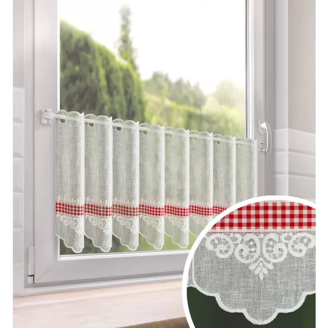 Tkanina firanowa zazdrostka, z motywem świątecznej kraty z haftem