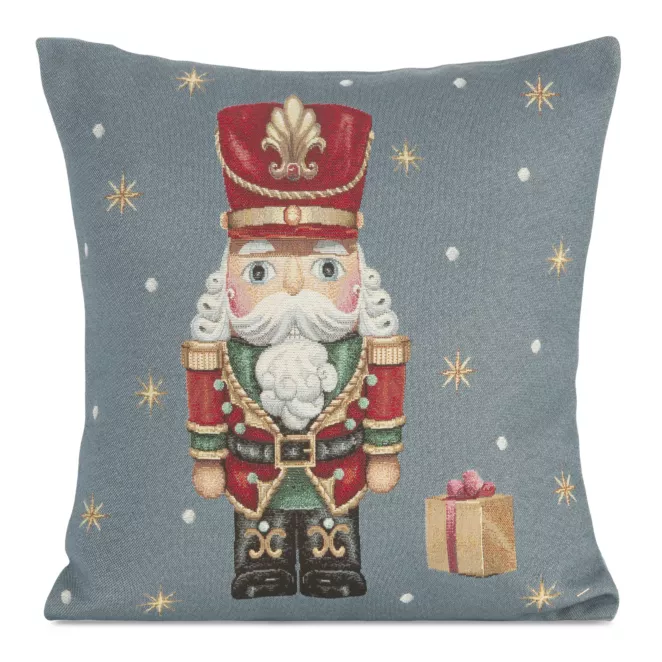 Poszewka na poduszkę 45x45 cm bawełniana, gobelinowa popielato czerwona zdobiona wzorem dziadka do orzechów GOB