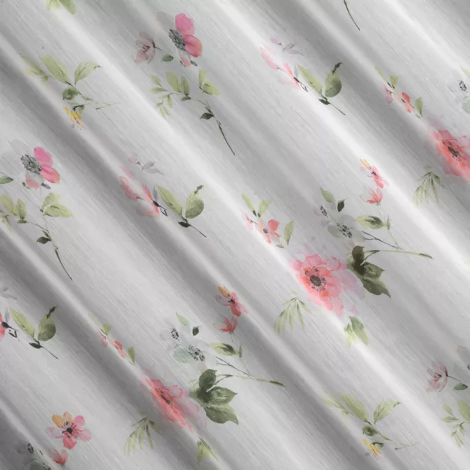 L124/2 Firana szyta na taśmie 5 cm biało jasnopomarańczowa z miękkiej tkaniny batystowej z nadrukiem w kwiaty