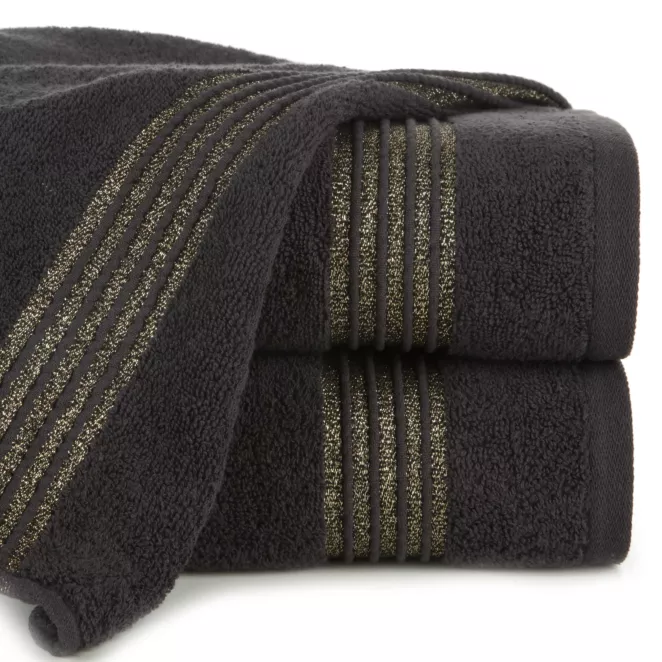 Ręcznik kąpielowy 70x140 cm bawełniany kolor czarny zdobiony paseczkami przeszywanymi błyszczącą nicią 500 g/m2 LILA