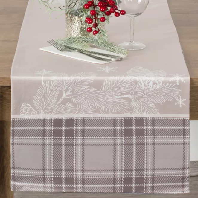 Bieżnik na stół beżowy 40x140 cm welwetowy HOLLY z motywem świątecznymi i ozdobną kantą w kratę