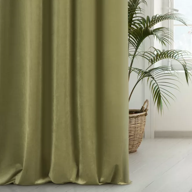 Zasłona szyta na taśmie 5 cm ENYA ciemnooliwkowa z miękkiej półmatowej tkaniny welwetowej
