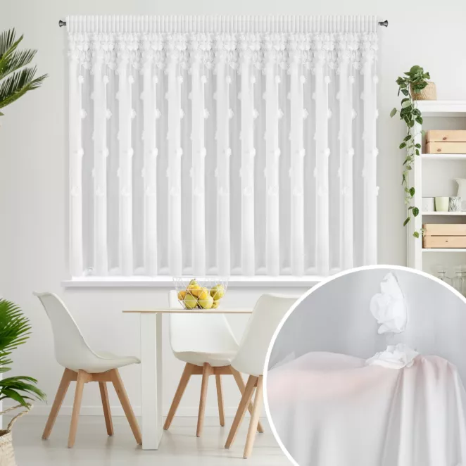 Firana biała z szyfonu zdobiona różami 3D 350x160 cm taśma - DIANA