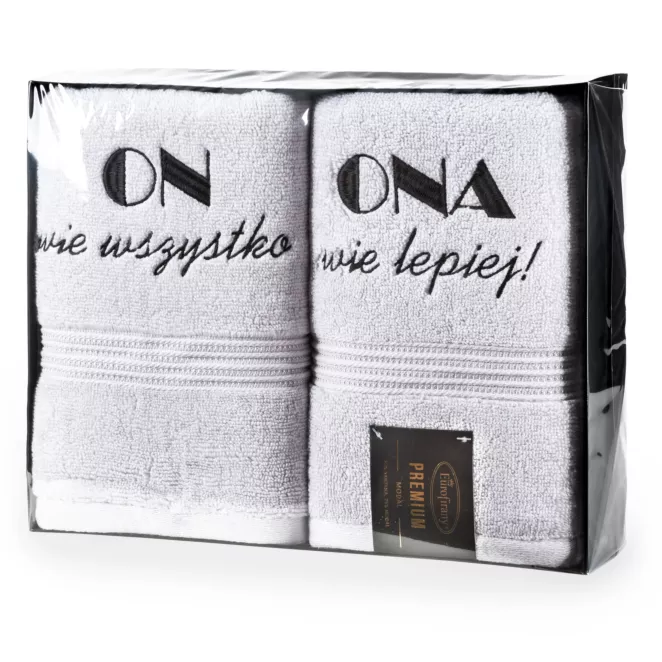 Zestaw ręczników bawełnianych na prezent 2 szt 50x90 cm kolor biały, czarny z haftem ONA, ON