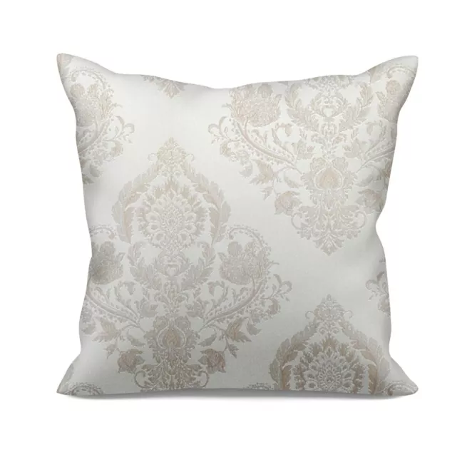 Poszewka szyta jasnobeżowo beżowa tkanina w ornamentowy wzór, z dodatkiem połyskującej nici