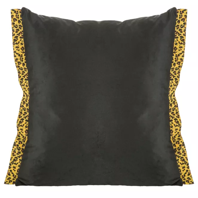 Poszewka na poduszkę 45x45 cm welwetowa, czarno, złota z ozdobnymi brzegami z tkaniny w cętki VIVIANE