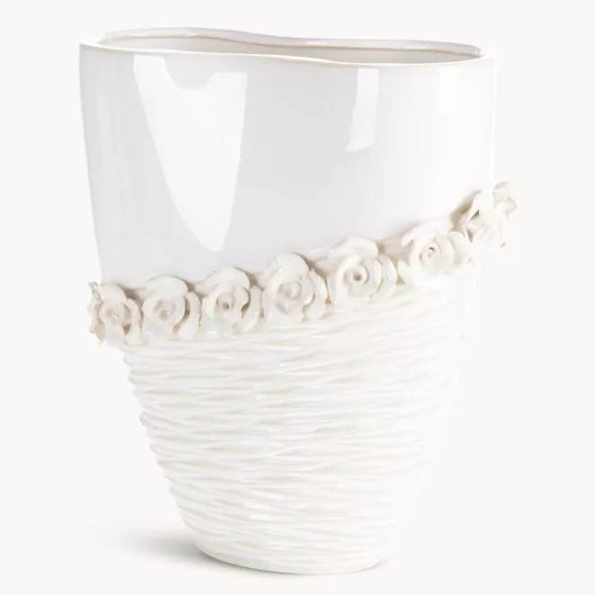 Wazon dekoracyjny kremowy zdobiony kwiatami 3D 27x13x32 cm ELIANA