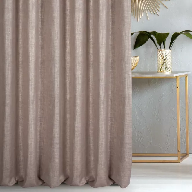 Zasłona szyta na taśmie 5 cm pudrowo różowo złocista z tkaniny o luźnym splocie, z połyskliwym nadrukiem Italissima Eva Minge