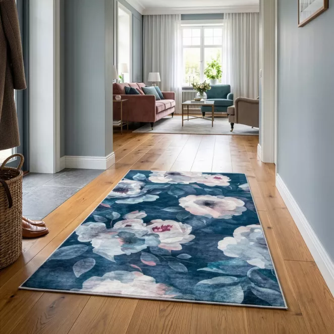 Dywan 80x140 cm ciemnoniebiesko, pudrowy z motywem kwiatu róży LOTUS 5