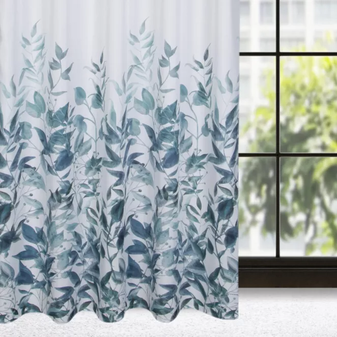 Zasłona biało, turkusowa ze wzorem kwiatowym 140x270 cm taśma/szelki - FIONA