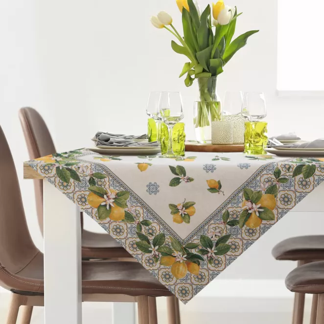 Obrus naturalno, żółty 100x100 cm gobelinowy z nadrukiem letnich cytryn