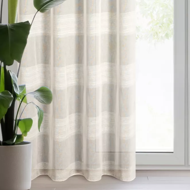 Firana beżowa zdobiona szenilowymi pasami 140x250 cm przelotka AGATA