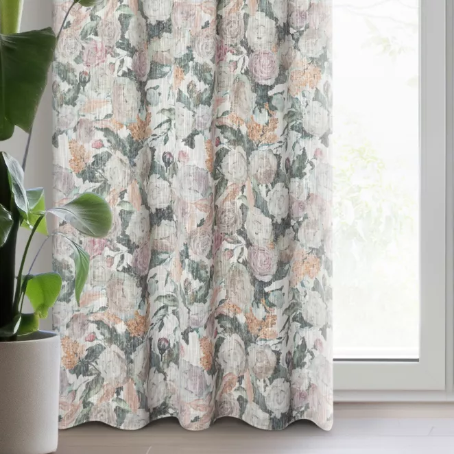 Zasłona beżowo, zielona w stylu eko z malowanymi kwiatami 140x270 cm taśma/szelki - IRMA