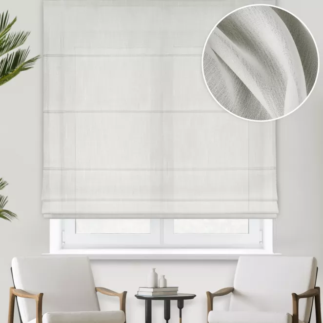 Roleta rzymska naturalna z gładkiej i delikatnej tkaniny typu KREPA, wykończona obciążnikiem