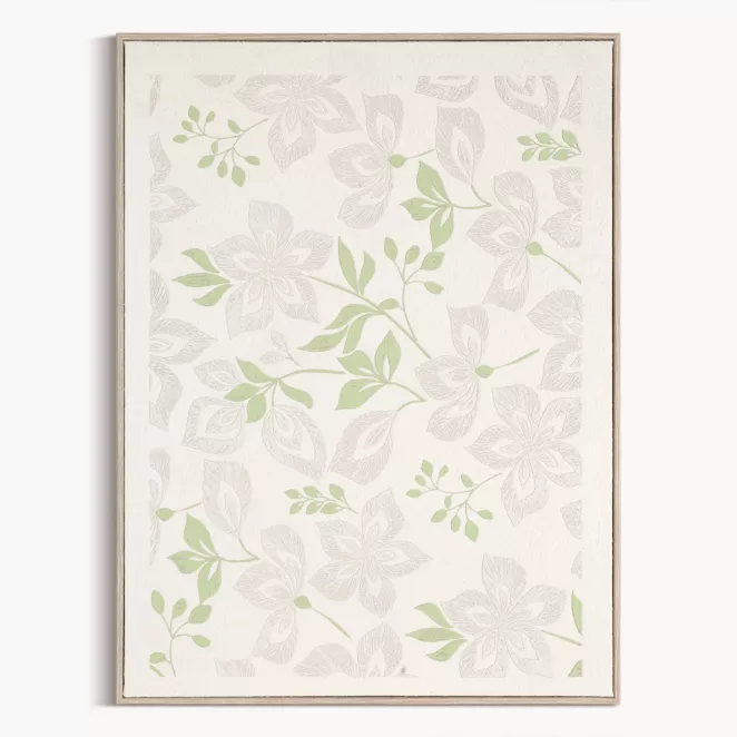 Obraz kremowo, zielony nadruk na płótnie zdobiony drobnymi kwiatami  45x60 cm