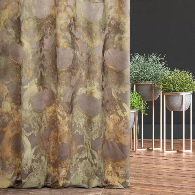 Tkanina zasłonowa gruba, welwetowa, z ozdobnym ornamentem, z połyskiem z kolekcji Eva Minge