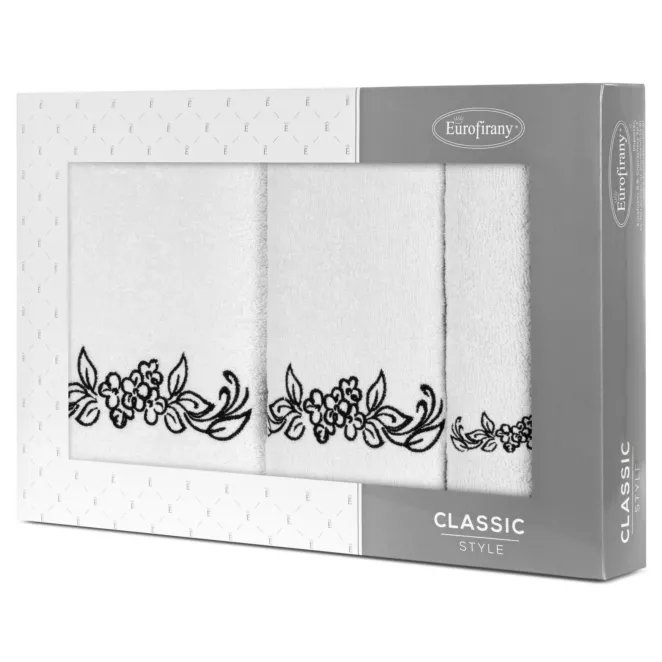 Zestaw ręczników bawełnianych na prezent 3 szt kolor biały,czarny z haftowanym motywem kwiatów 380g/m2 CLAVIA