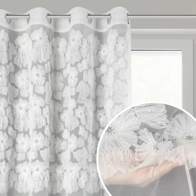 Firana biała z siateczki zdobiona kwiatami z dodatkiem drobnych perełek 3D 140x250 cm przelotka - JASMIN 3 Eva Minge
