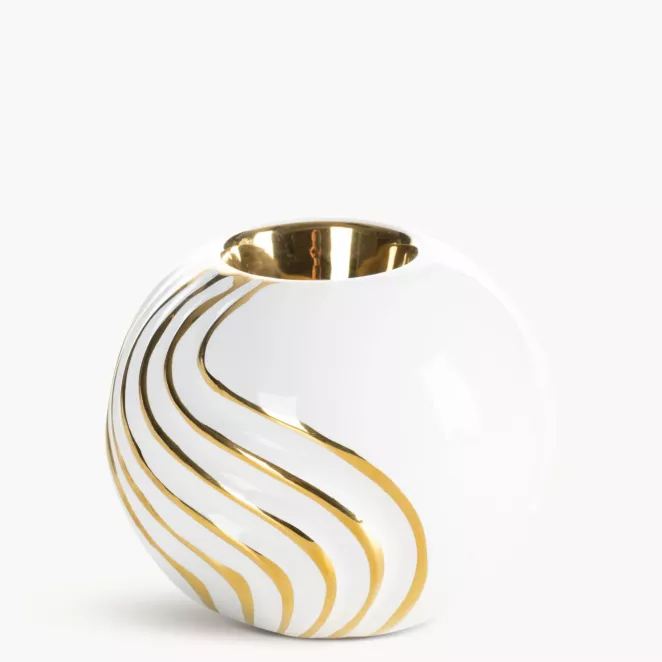 Świecznik dekoracyjny biało, złoty zdobiony subtelnymi liniami 10x9 cm ESTELA