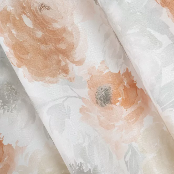 L140/5 Zasłona szyta na taśmie 5 cm jasnokremowo pomarańczowa z tkaniny o naturalnym splocie z kwiatowym nadrukiem
