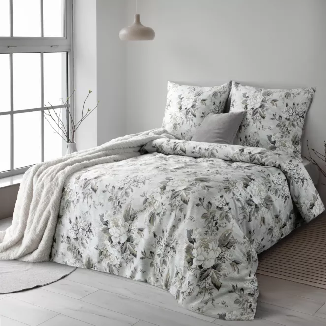 Pościel 140x200 cm z satyny bawełnianej kolor srebrno, oliwkowy z motywem roślinnym SPRING 62