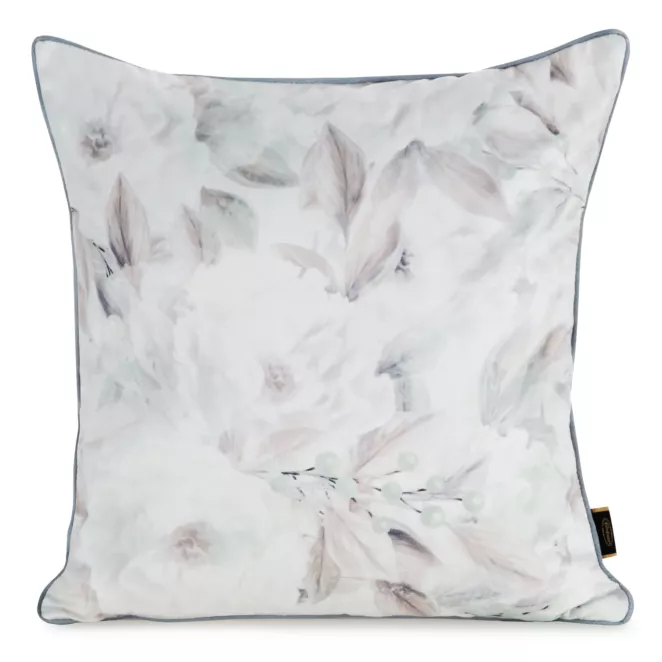 Poszewka na poduszkę 45x45 cm welwetowa, biało beżowa z nadrukiem pastelowych kwiatów VELVET 155 Eurofirany Premium
