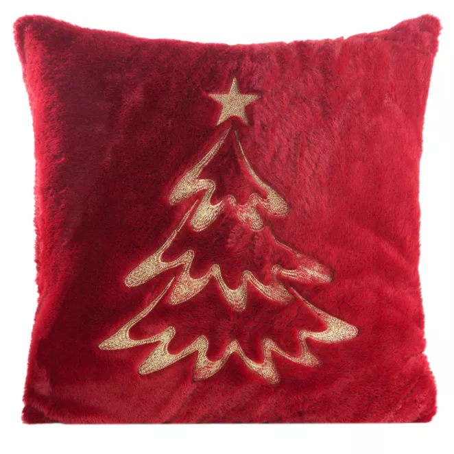 Poszewka na poduszkę świąteczna 45x45 cm bordowo, szampańska z przyjemnego futerka zdobiona haftem choiniki