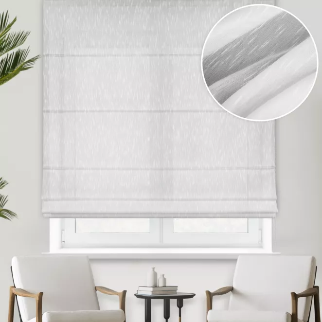 Roleta rzymska biała półprzezroczysta, matowa, o niestandardowej wysokości 360cm, z efektem deszczyku, wykończona obciążnikiem