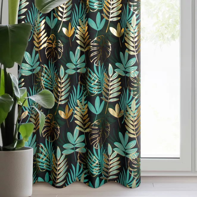 Zasłona czarno, zielona zdobiona egzotycznym nadrukiem z tkaniny typu oxford 140x250 cm przelotka - MALTA